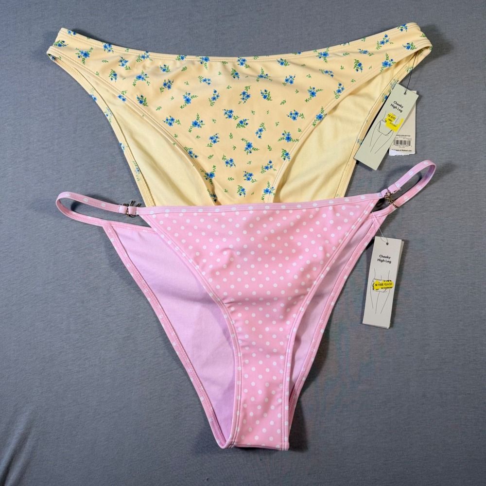 2 No Boundaries Bikini Bottoms 2 XL Yellow Floral Pink Polka Dot Cheeky High
